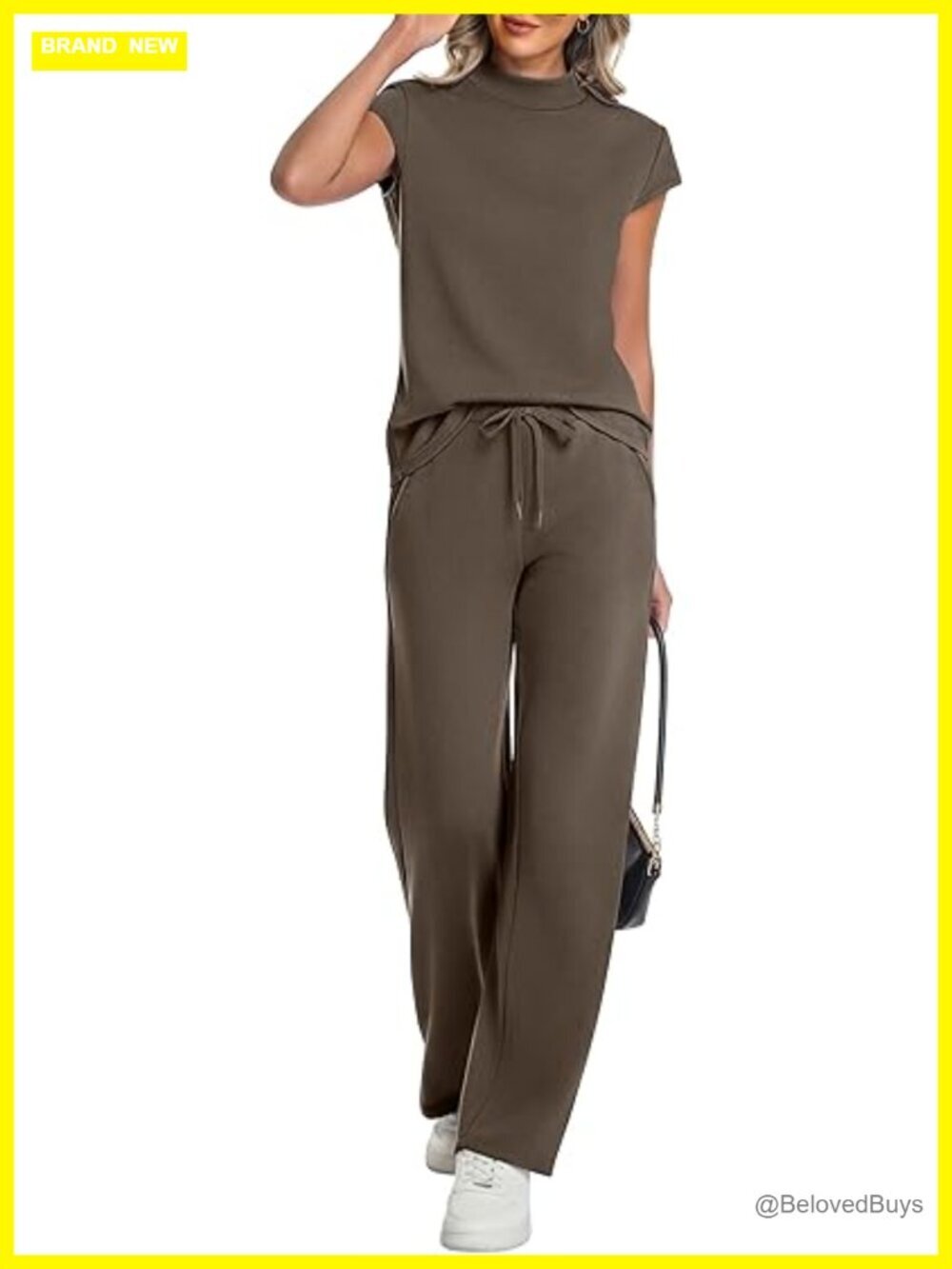 Two Piece Lounge Set Mock Neck Cap Sleeve Wide Leg Pants